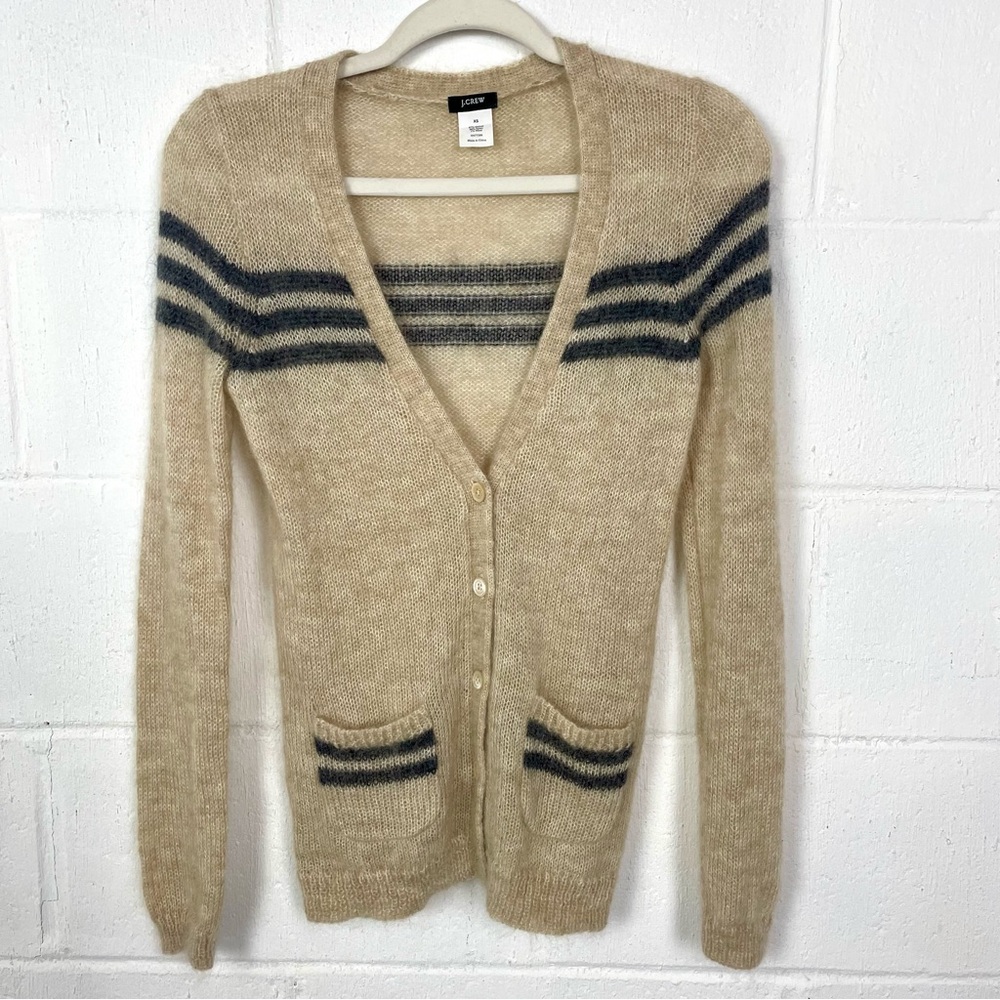J.Crew V-Neck Striped Cardigan Mohair Wool Blend Y2K Varsity Preppy Academia XS